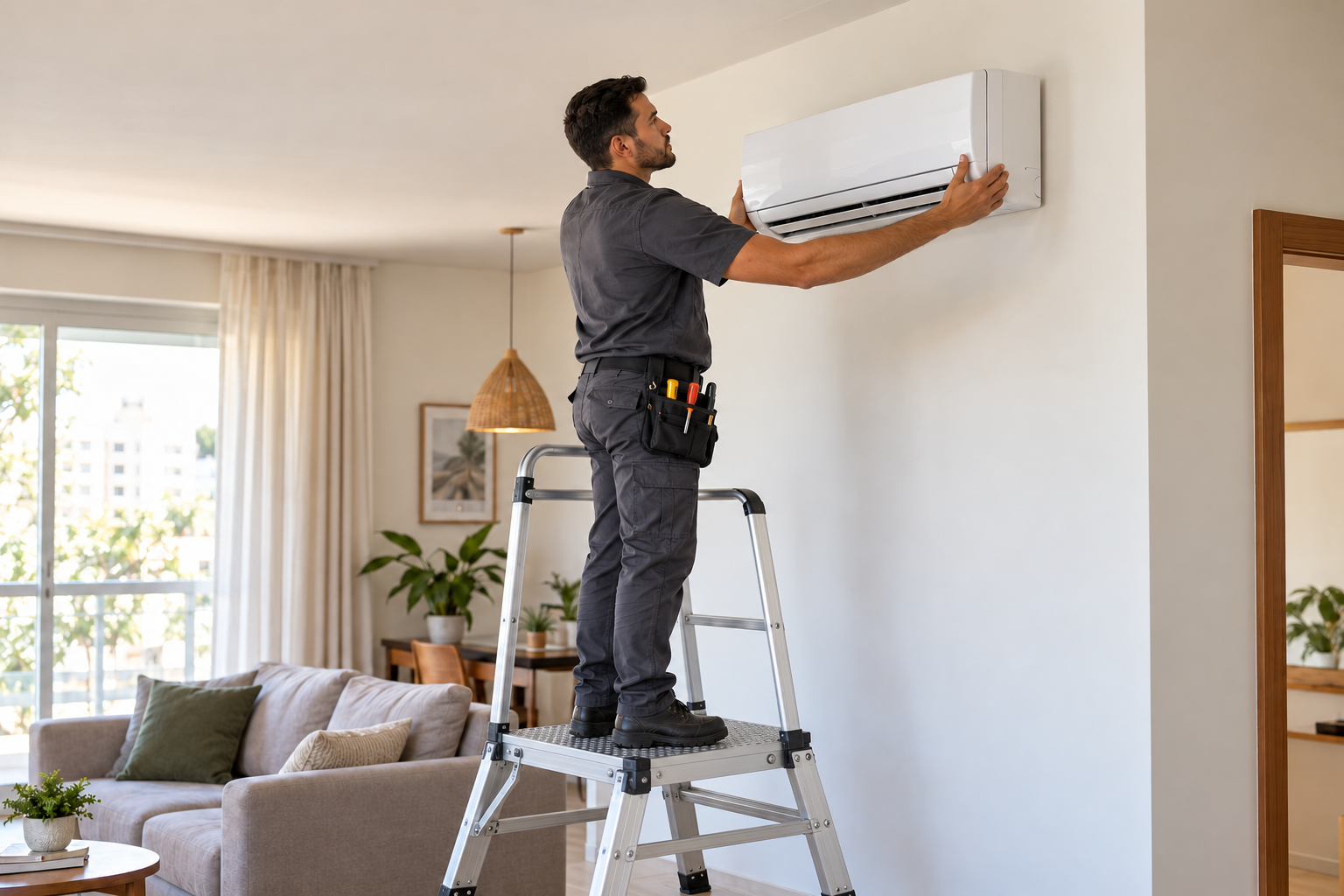 Técnico instalando um aparelho de ar-condicionado split em uma residência