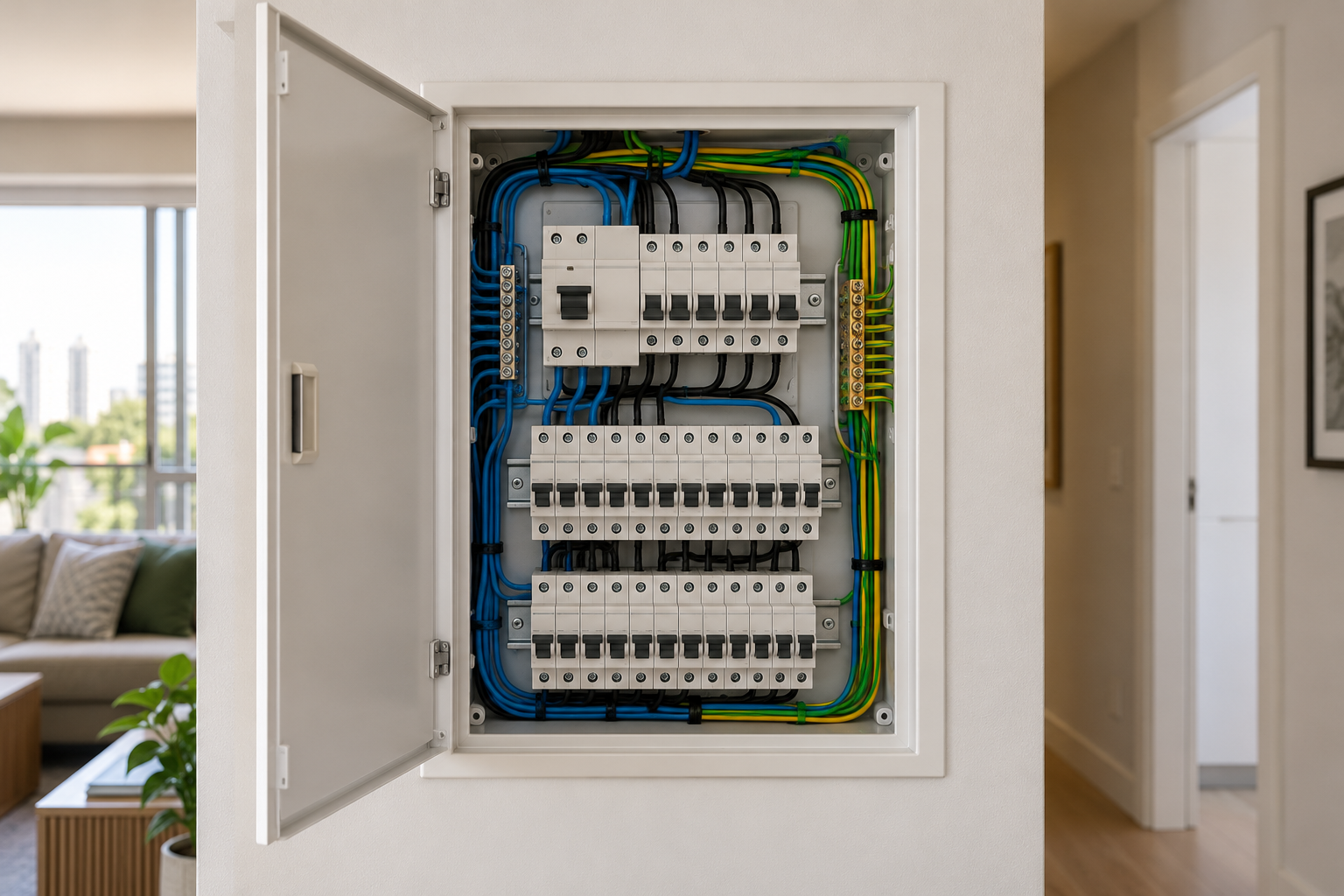 Quadro elétrico residencial com disjuntores e fiação organizada